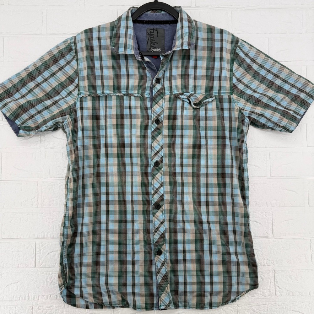 Fyasko Button Down Shirt Mens Large Blue Plaid Short Sleeve Casual Top